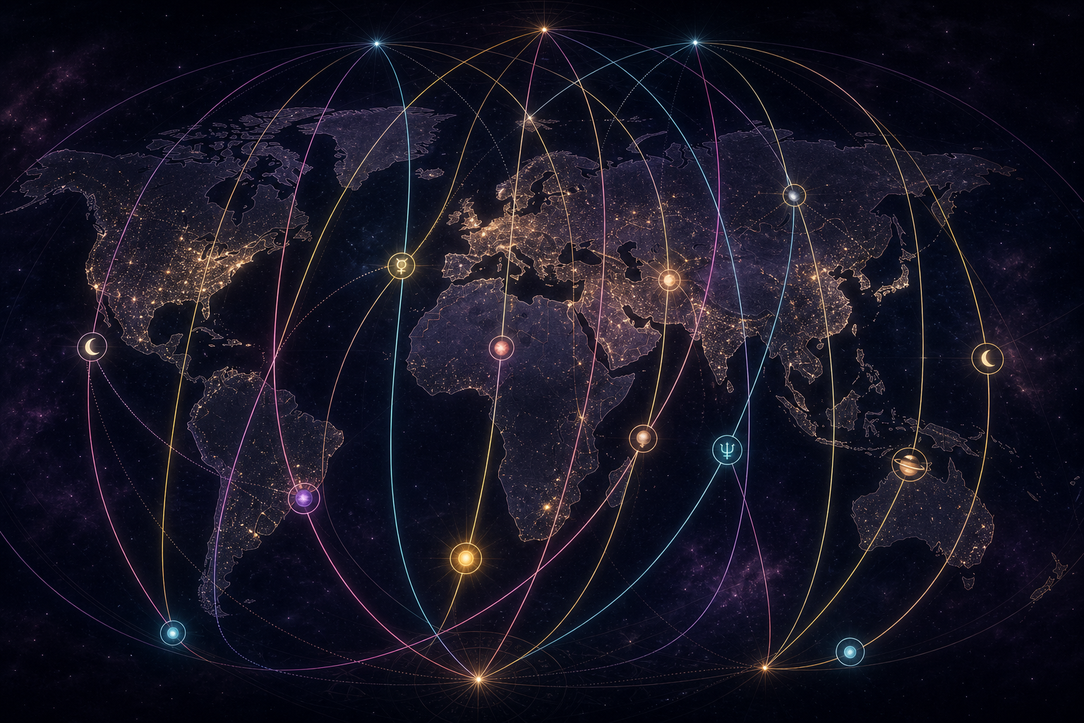 Dark astrocartography world map with luminous planetary lines, celestial markers, and angle nodes