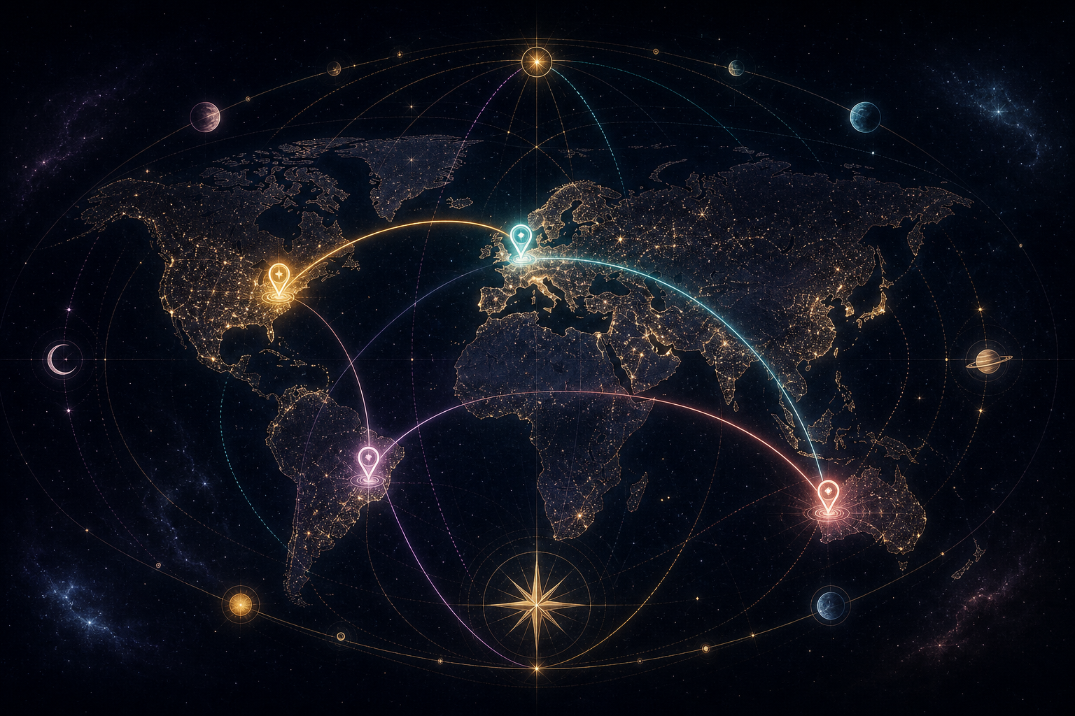 Astrocartography chart showing planetary lines across a world map for relocation decisions