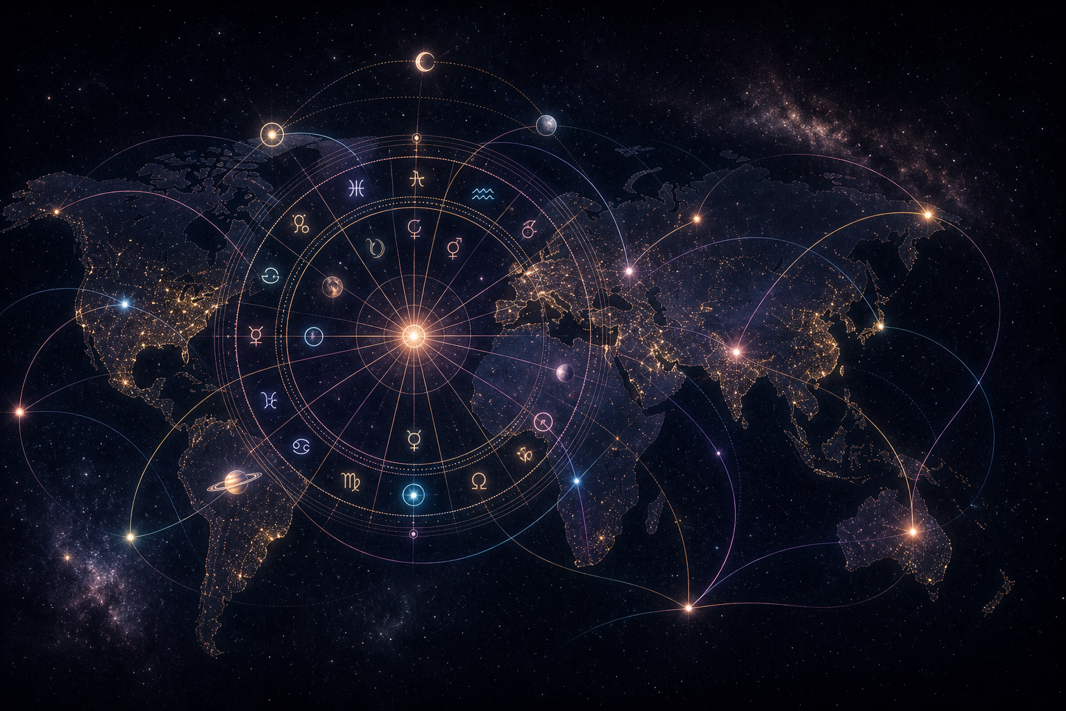 Birth chart wheel projected over a world map with luminous astrocartography lines