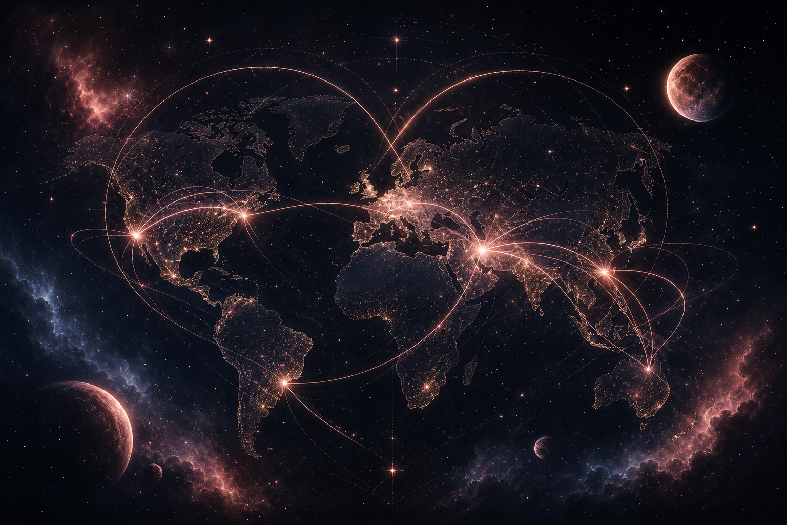 Astrocartography world map showing Venus and Moon planetary relationship lines crossing the globe